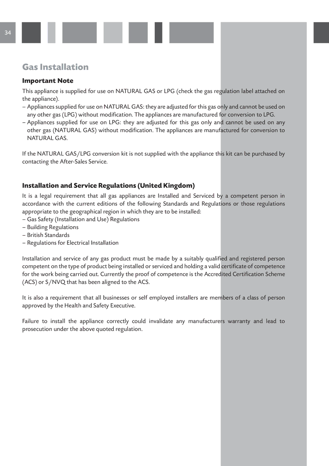 CDA RC 9021 manual Gas Installation, Important Note, Installation and Service Regulations United Kingdom 